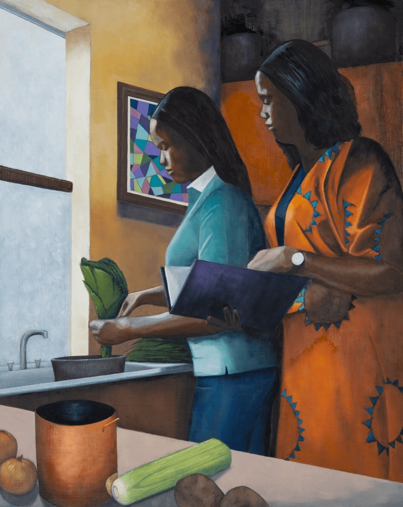 A painting depicting two women engaged in cooking together in a cozy kitchen setting.
